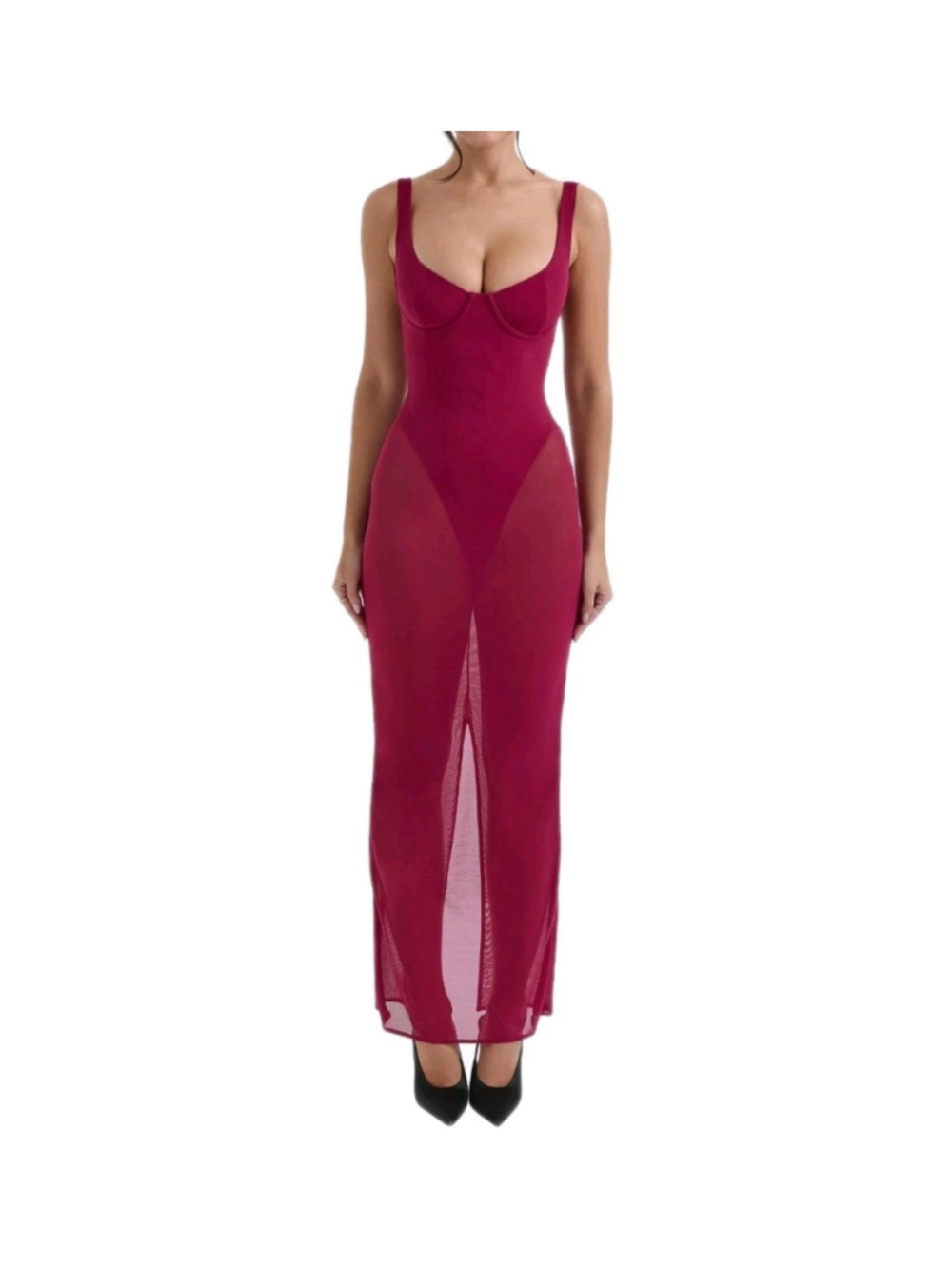 House Of CB London Robina Sheer Mesh Overlay Maxi Cocktail Dress Sz S A-C Beet